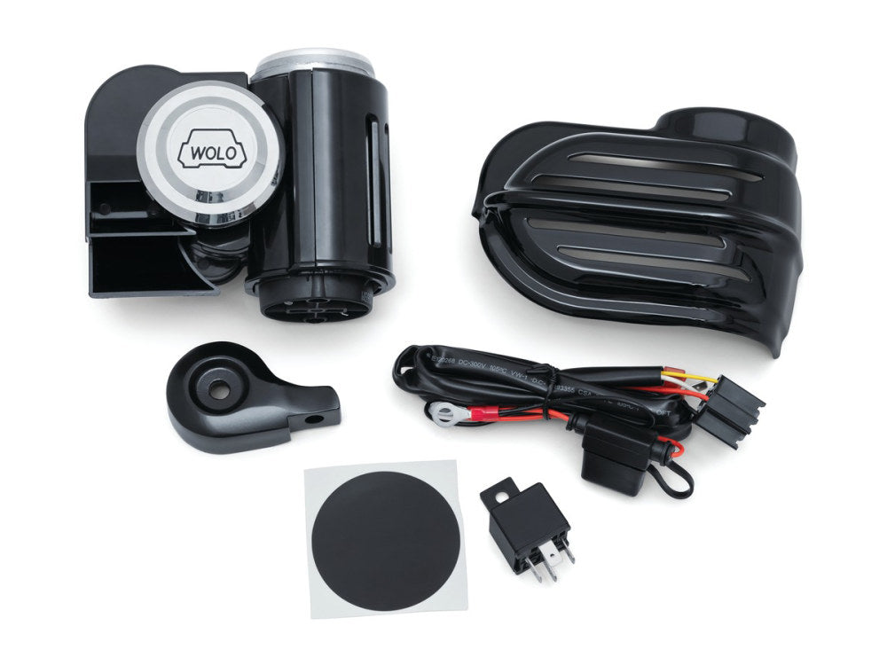 Super Deluxe Wolo Bad Boy Air Horn Kit with Black Cover. Fits Big Twin 1992up & Sportster 1992-2021 with Stock Cowbell Horn.