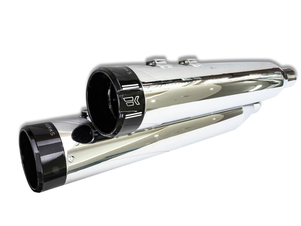 4-1/2in. Klassic Slip-On Mufflers – Chrome with Black End Caps. Fits Touring 2017up.