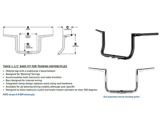 12in. x 1-1/2in. Grande Twin Peaks Handlebar – Chrome. Fits Electra Glide, Street Glide & Ultra 2014up Models.