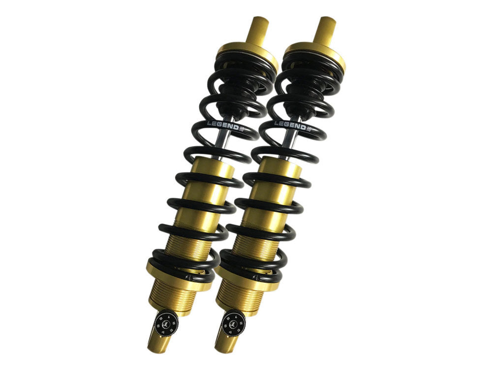 REVO-A Series, 14in. Adjustable Heavy Duty Spring Rate Rear Shock Absorbers –  Gold. Fits Dyna 1991-2017.