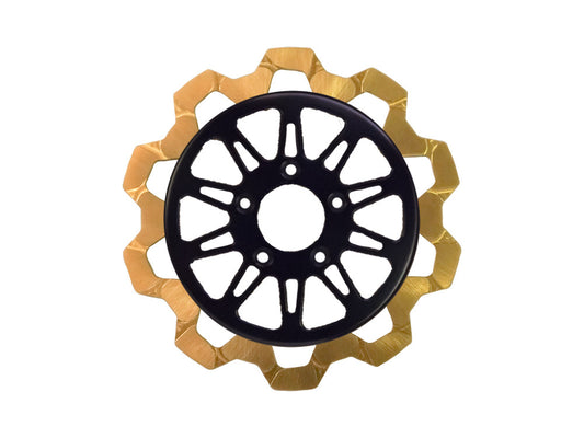 11.8in. Front Omega Bow-Tie Disc Rotor – Gold Band & Black Carrier. Fits Dyna 2006-2017, Softail 2015up, Sportster 2014-2021 & Some Touring 2008up.