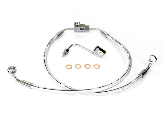 Stock Length Lower Front Brake Line – Sterling Chromite. Fits Dyna Fat Bob 2012up & Dyna Low Rider 2014up Models with Dual Front Disc Calipers.