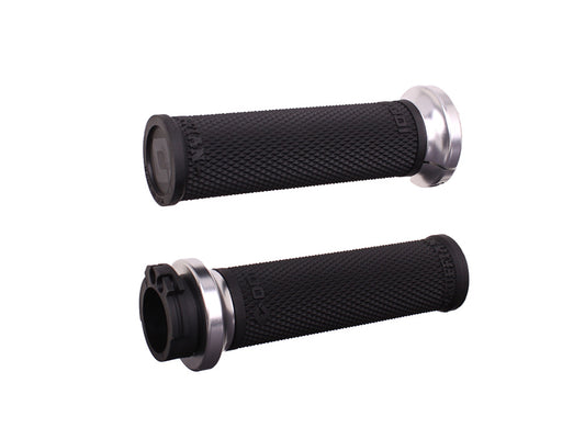 Ruffian Lock-On Handgrips – Black/Silver. Fits H-D with Throttle Cable.