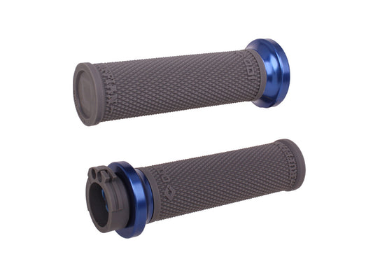 Ruffian Lock-On Handgrips – Graphite/Blue. Fits H-D with Throttle Cable.