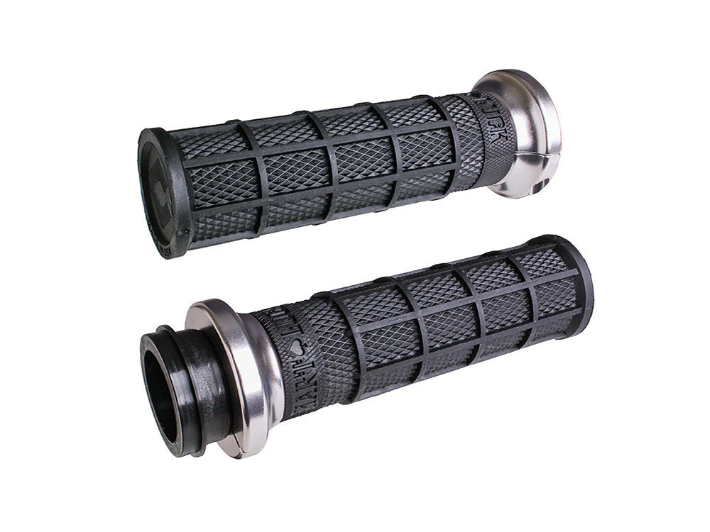 Hart-Luck Full Waffle Lock-On Handgrips – Silver. Fits Big Twin 2008-2024 with Throttle-by-Wire