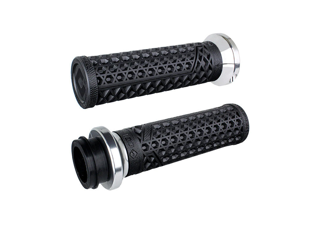 Vans Signature Lock-On Handgrips – Black/Silver. Fits Big Twin 2008-2024 with Throttle-by-Wire
