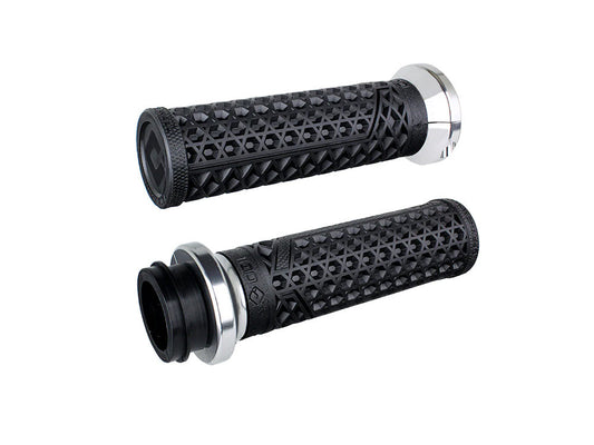 Vans Signature Lock-On Handgrips – Black/Silver. Fits Big Twin 2008-2024 with Throttle-by-Wire