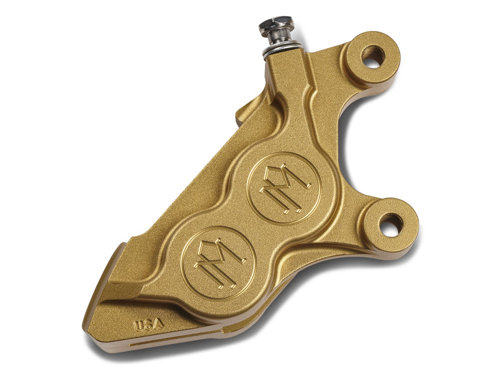 Left Hand Front 4 Piston Caliper – Gold. Fits Softail 2015up, V-Rod 2006-2017, Touring 2008up & Sportster 2014-2021