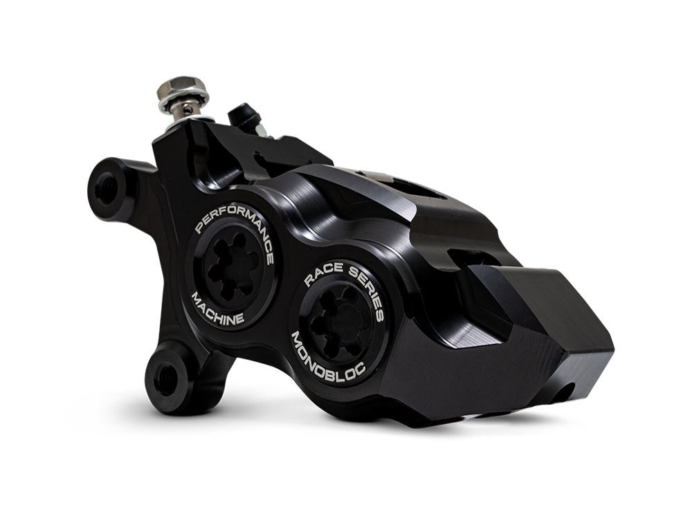 Left Hand Front 4 Piston Race Series Caliper – Black Ops. Fits Softail 2015up, V-Rod 2006-2017, Touring Most 2008-2024 & Sportster 2014-2021