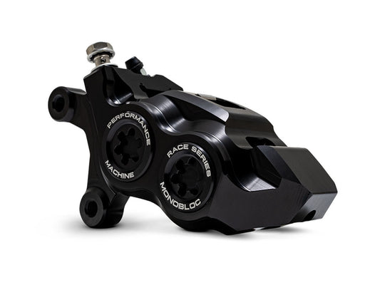 Left Hand Front 4 Piston Race Series Caliper – Black Ops. Fits Softail 2015up, V-Rod 2006-2017, Touring Most 2008-2024 & Sportster 2014-2021