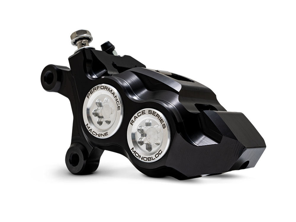 Left Hand Front 4 Piston Race Series Caliper – Black & Chrome. Fits Softail 2015up, V-Rod 2006-2017, Touring Most 2008-2024 & Sportster 2014-2021