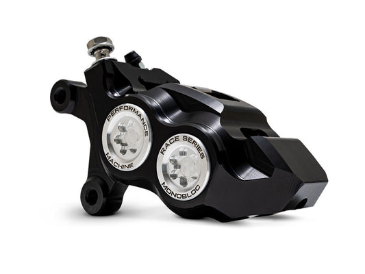 Left Hand Front 4 Piston Race Series Caliper – Black & Chrome. Fits Softail 2015up, V-Rod 2006-2017, Touring Most 2008-2024 & Sportster 2014-2021