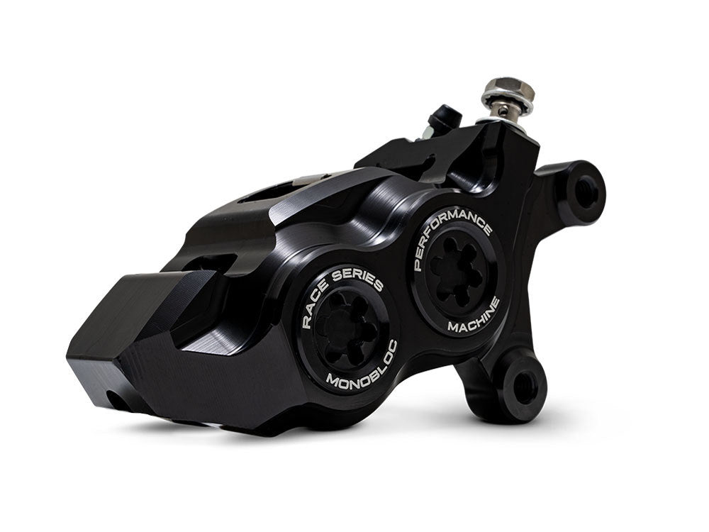 Right Hand Front 4 Piston Race Series Caliper – Black Ops. Fits Softail 2015up, V-Rod 2006-2017, Touring Most 2008-2024 & Sportster 2014-2021