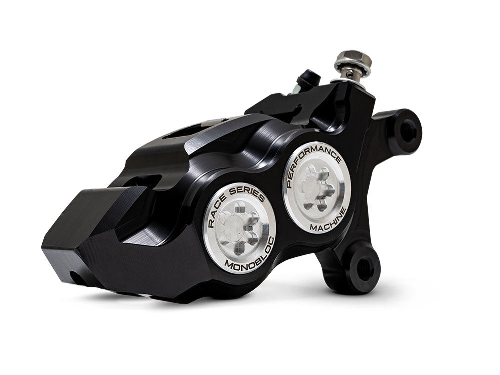 Right Hand Front 4 Piston Race Series Caliper – Black & Chrome. Fits Softail 2015up, V-Rod 2006-2017, Touring Most 2008-2024 & Sportster 2014-2021