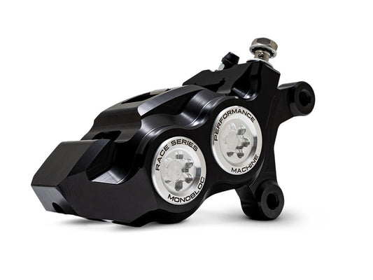 Right Hand Front 4 Piston Race Series Caliper – Black & Chrome. Fits Softail 2015up, V-Rod 2006-2017, Touring Most 2008-2024 & Sportster 2014-2021