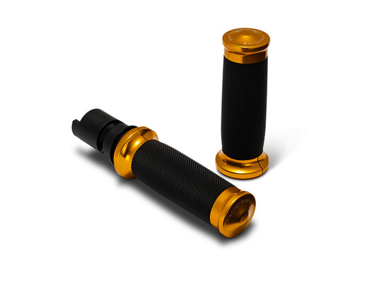 Contour Handgrips – Gold. Fits CVO Touring 2023up, Street Glide & Road Glide 2024up, Touring 2025up & Softail 2025up