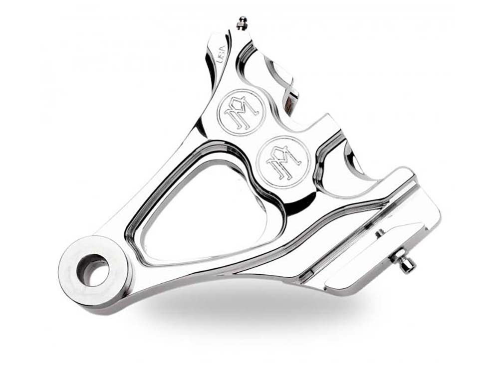 Right Hand Rear Integrated 4 Piston Caliper & Mounting Bracket – Chrome. Fits Softail 1987-1999 with 1in. Rear Axle.