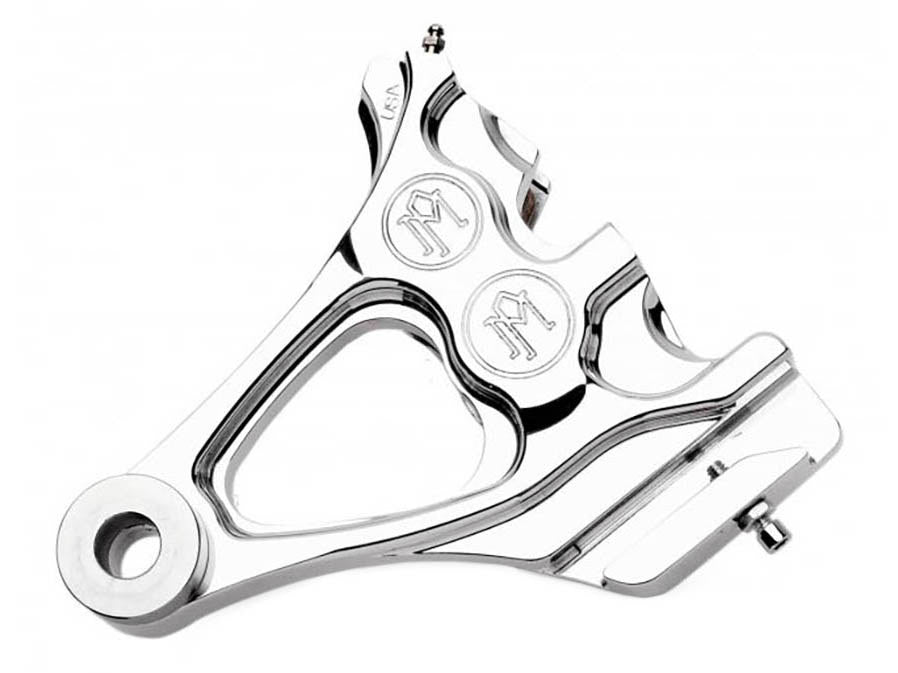 Right Hand Rear Integrated 4 Piston Caliper & Mounting Bracket – Chrome. Fits Softail 1987-1999 with 3/4in. Rear Axle.