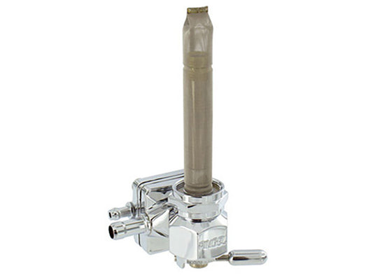 Vacuum Operated Fuel Tap / Petcock with 22mm Thread, 5/16in. Forward Facing Fuel Outlet – Chrome. Fits Softail 1995-2006, Dyna 1995-2006, Touring 1993-2006