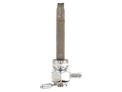 Fuel Tap / Petcock with 22mm Thread, 5/16in. Backward Facing Fuel Outlet – Chrome. Fits Softail 1984-2006, Dyna 1991-2006, FXR 1982-1994, Touring 1988-2006, Sportster 1975-2006 & 4Spd Big Twin 1975-1986