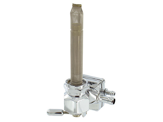 Vacuum Operated Fuel Tap / Petcock with 22mm Thread, 5/16in. Backward Facing Fuel Outlet – Chrome. Fits Softail 1995-2006, Dyna 1995-2006, Touring 1993-2006