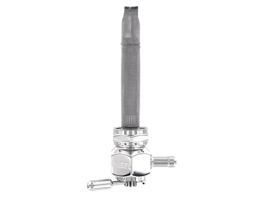 Fuel Tap / Petcock with 22mm Thread, 5/16in. Inward Facing Fuel Outlet – Chrome. Fits Softail 1984-2006, Dyna 1991-2006, FXR 1982-1994, Touring 1988-2006, Sportster 1975-2006 & 4Spd Big Twin 1975-1986