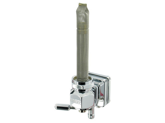 Vacuum Operated Fuel Tap / Petcock with 22mm Thread, 5/16in. Downward Facing Fuel Outlet – Chrome. Fits Sportster 1995-2006