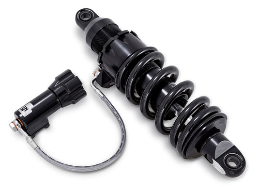 465 Series, 13.5in. Standard Spring Rate Rear Shock Absorber with Remote Adjustable Preload – Black. Fits Softail 2018up.