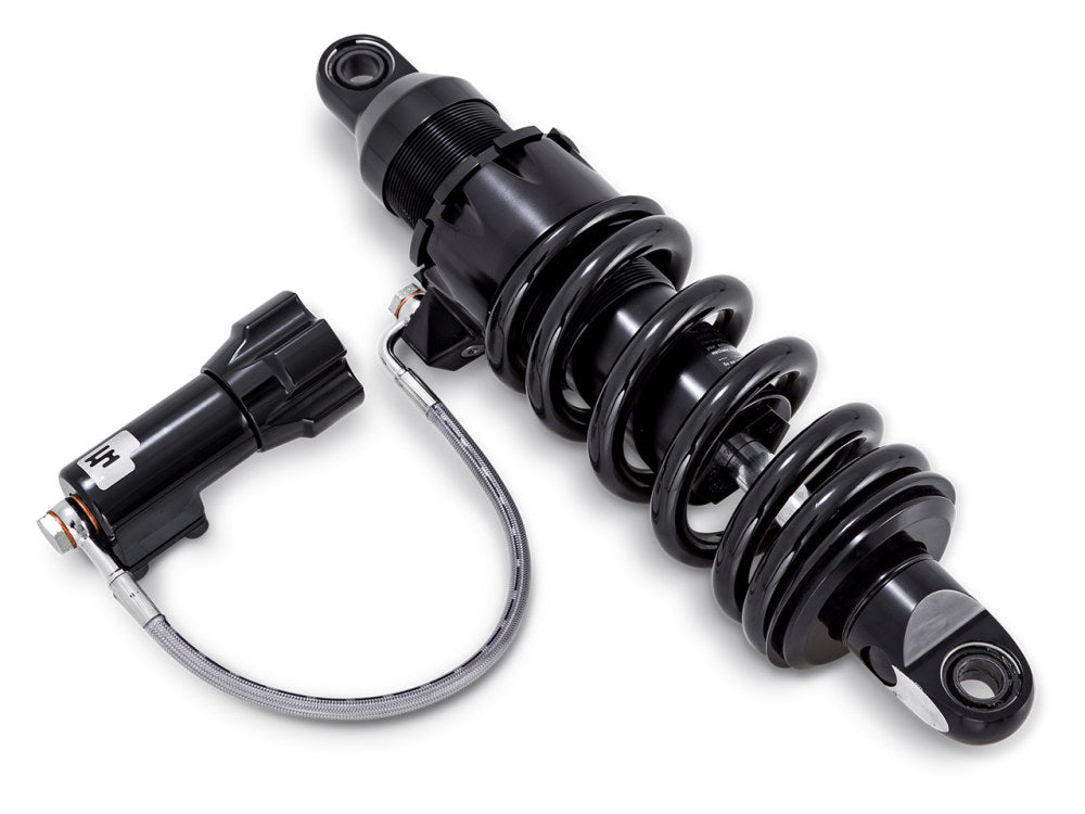 465 Series, 12.2in. Rear Shock Absorber with Remote Adjustable Preload & Heavy Duty Spring Rate – Black. Fits Softail 2018up.