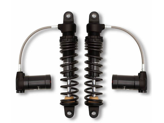 970 Series, 12in. Standard Spring Rate Rear Shock Absorbers with Remote Reservoir – Black. Fits Touring 1980up with 5 Speed Transmission.