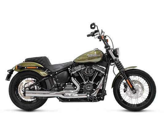 2-into-1 Exhaust – Chrome with Black End Cap. Fits Deluxe, Softail Slim, Street Bob, Low Rider & Fat Bob 2018up & Standard 2020up.