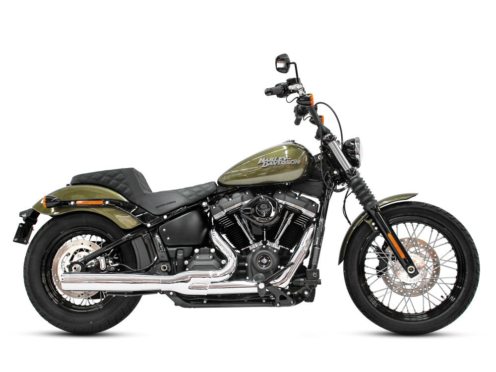 2-into-1 Exhaust – Chrome with Chrome End Cap. Fits Deluxe, Softail Slim, Street Bob, Low Rider, Fat Bob 2018up & Standard 2020up.