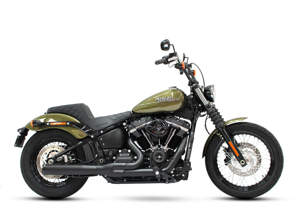 2-into-1 Exhaust – Black with Black End Cap. Fits Deluxe, Softail Slim, Street Bob, Low Rider, Fat Bob 2018up & Standard 2020up.