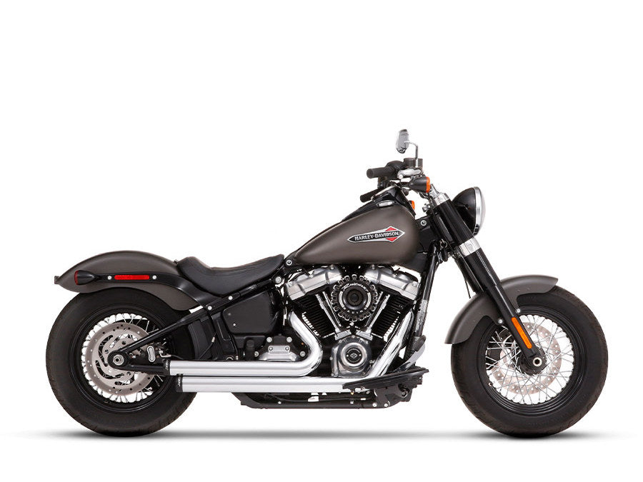 2-into-2 Staggered Exhaust – Chrome with Black End Caps. Fits Softail 2018up.