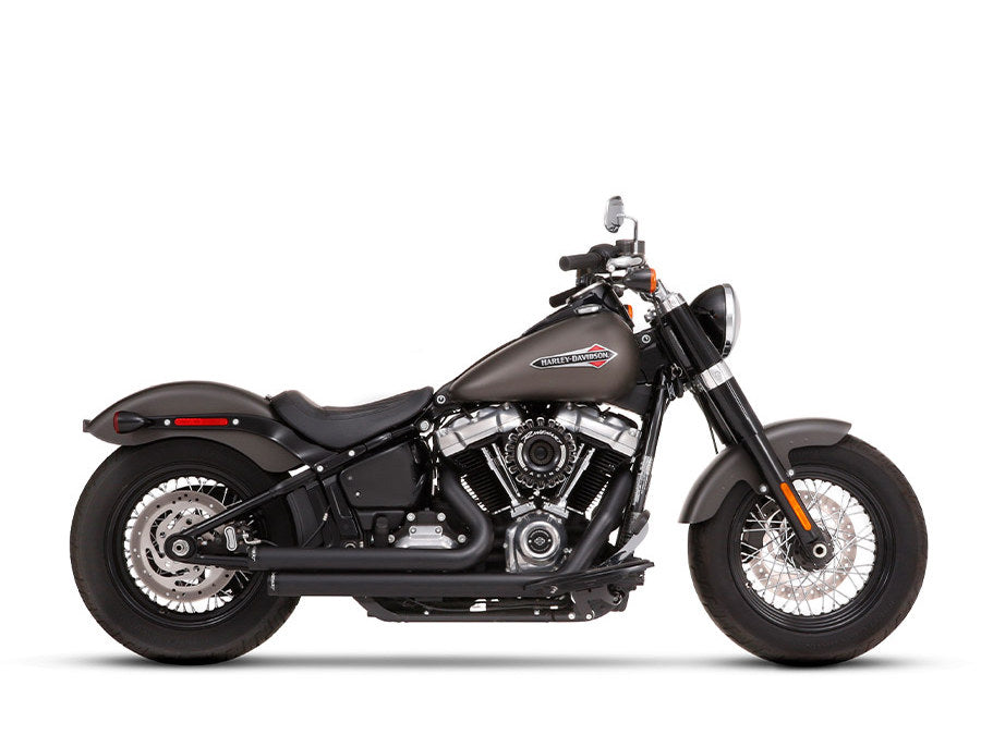 2-into-2 Staggered Exhaust – Black with Black End Caps. Fits Softail 2018up.