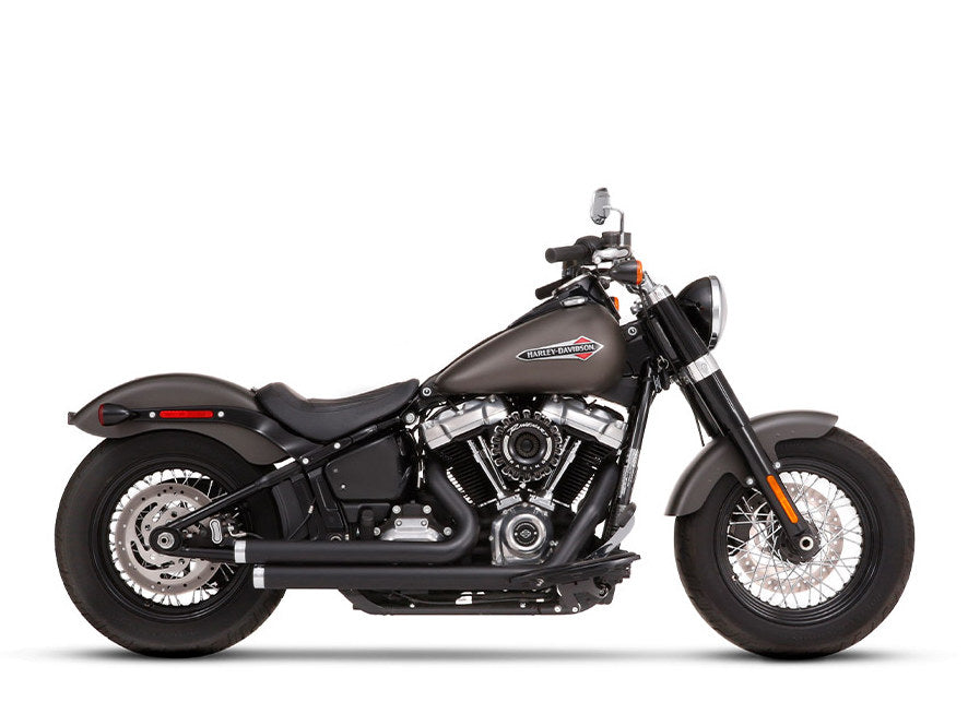 2-into-2 Staggered Exhaust – Black with Chrome End Caps. Fits Softail 2018up.