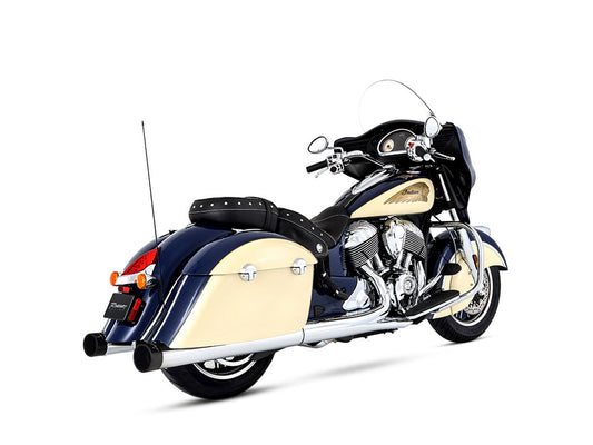 4in. Slip-On Mufflers – Chrome with Black End Caps. Fits Indian Big Twin 2014up with Hard Saddle Bags.