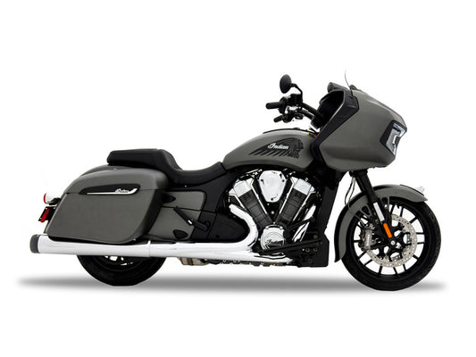 4.5in. Slip-On Mufflers – Chrome with Black End Caps. Fits Indian Big Twin 2014up with Hard Saddle Bags.