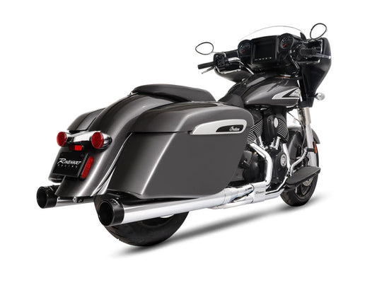 4in. DBX40 Slip-On Mufflers – Chrome with Black End Caps. Fits Indian Big Twin 2014up with Hard Saddle Bags.