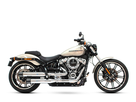 3-1/2in. Slip-On Mufflers – Chrome with Black Contrast Cut Slotted End Caps. Fits Softail Slim, Street Bob, Low Rider, Breakout & Fat Boy 2018up & Standard 2020up.