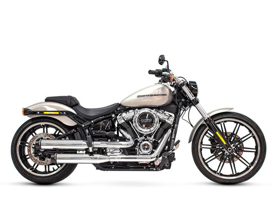 3-1/2in. Slip-On Mufflers – Chrome with Contrast Cut Black End Caps. Fits Softail Slim, Street Bob, Low Rider, Breakout & Fat Boy 2018up & Standard 2020up.