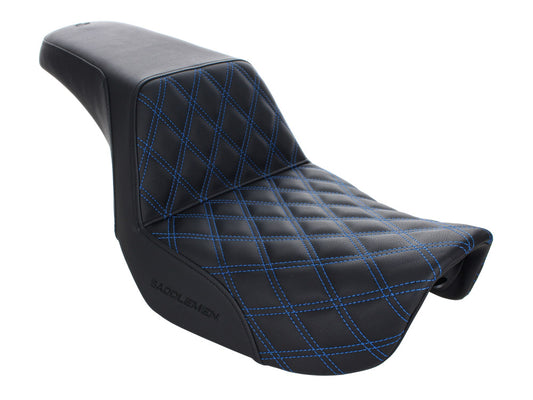 Step-Up LS Dual Seat with Blue Double Diamond Lattice Stitch. Fits Dyna 2006-2017.