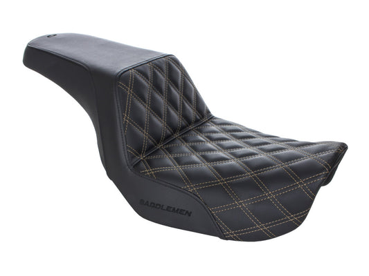 Step-Up LS Dual Seat with Gold Double Diamond Lattice Stitch. Fits Dyna 2006-2017.