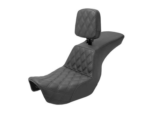 Tour Step-Up LS Dual Seat With Backrest & with Black Double Diamond Lattice Stitch. Fits Dyna 2006-2017