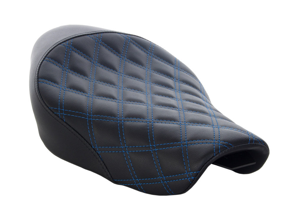 Renegade LS Solo Seat with Blue Double Diamond Lattice Stitch. Fits Sportster 2004-2021 with 4.5 Gallon Fuel Tank.