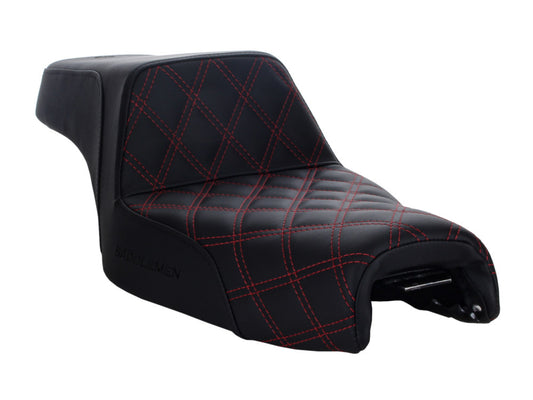 Step-Up LS Dual Seat with Red Double Diamond Lattice Stitch. Fits Sportster 2004-2021 with 4.5 Gallon Fuel Tank.