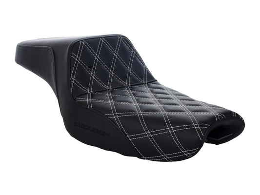 Step-Up LS Dual Seat with White Double Diamond Lattice Stitch. Fits Sportster 2004-2021 with 4.5 Gallon Fuel Tank.