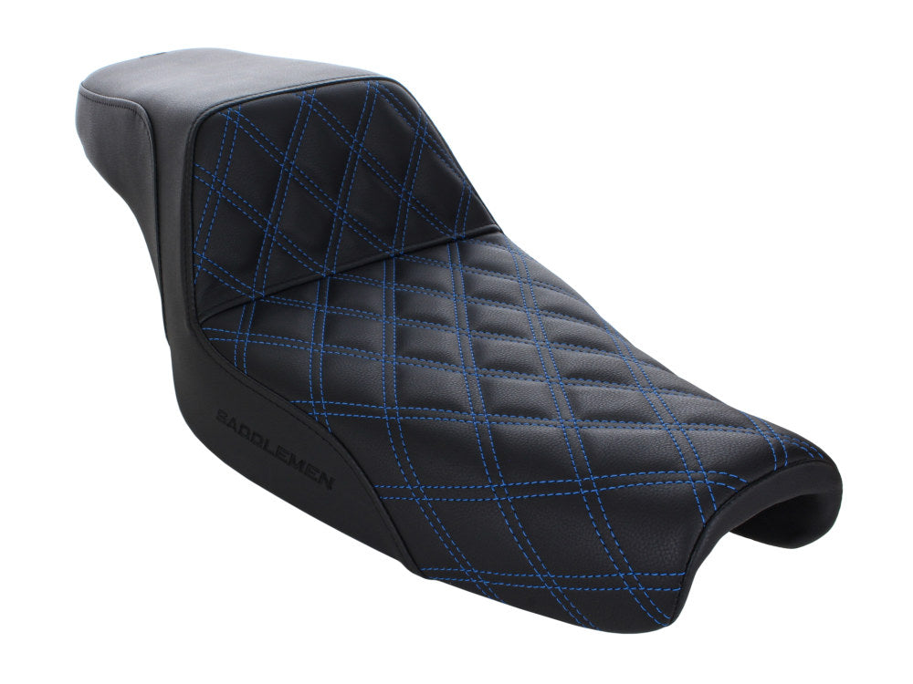 Step-Up LS Dual Seat with Blue Double Diamond Lattice Stitch. Fits Sportster 2004-2021 with 3.3 Gallon Fuel Tank.