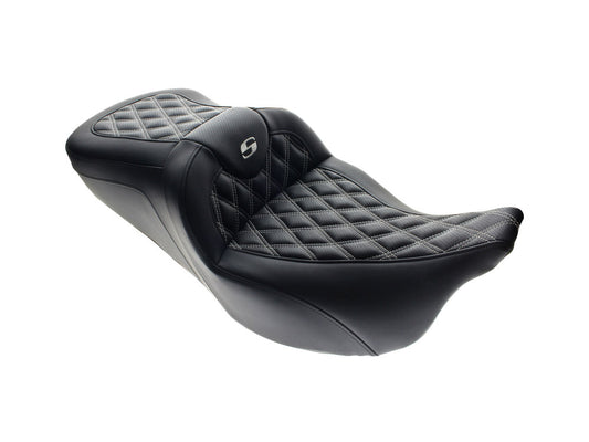 Roadsofa LS Dual Seat with White Double Diamond Lattice Stitch. Fits Touring 2008up.