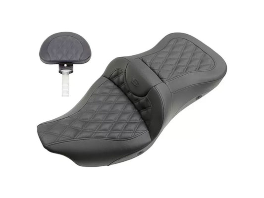Heated, Extended Reach Roadsofa LS Dual Seat With Backrest & Black Double Diamond Lattice Stitch. Fits Most Touring 2008-2024